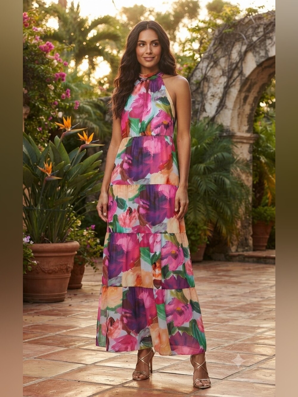 SLNY Pink Multicolor Floral Halter Tiered Maxi Dress